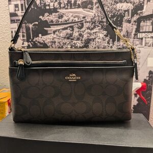 Coach Brown and Black Signature Shoulder Bag with Gold Hardware